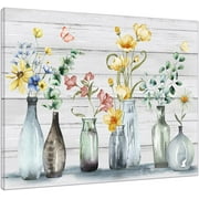 Country Floral Wall Art for Living Room, Blue and Yellow Flower with Green Botanical Canvas Wall Art, Retro Wood Boards Framed Wall Art for Bedroom Bathroom Wall Decor, 16X12 inch Ready to Hang